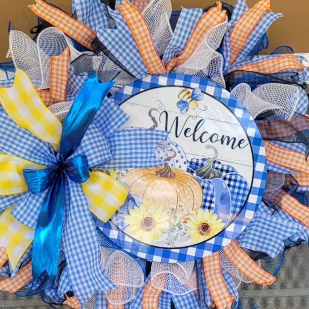 Sunflower Pumpkin Welcome Blue Orange Sunflower Pancake wreath
Holiday decor